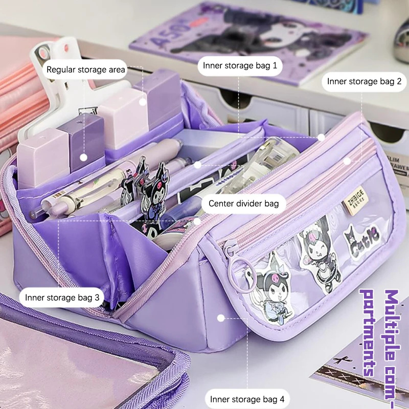 Sanrio-estuche de lápices Kawaii Kuromi Cinnamoroll Melody, bolsa de lápices escolares, gran capacidad, suministros de papelería, bolsas de cosméticos