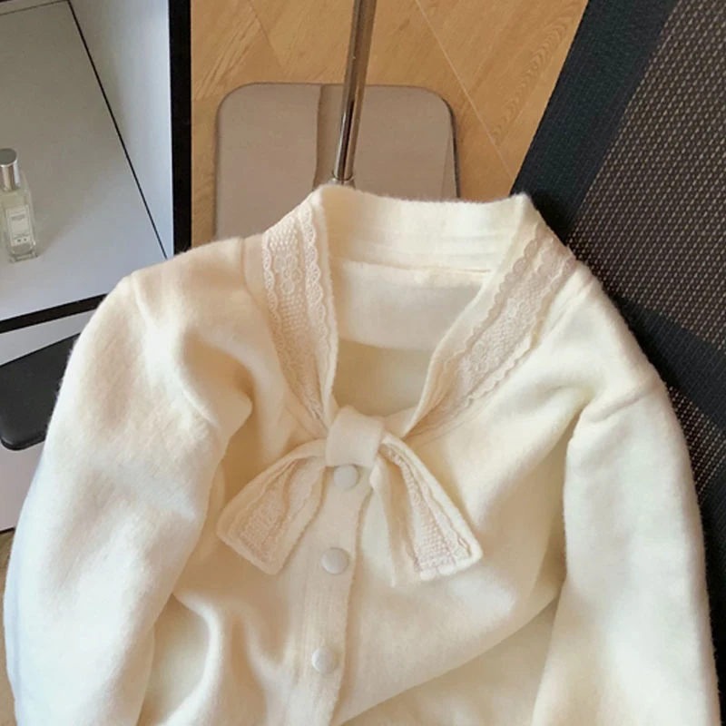 Sweet Bow Knitted Cardigan Women Lace Patchwork Button Chic Gentle Sweater Spring Autumn Female Long Sleeve Casual New Outwear