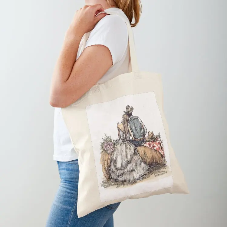 

Western Bride and Groom sitting on Haybale Tote Bag Reusable bags tote bags men hand bags Eco bag