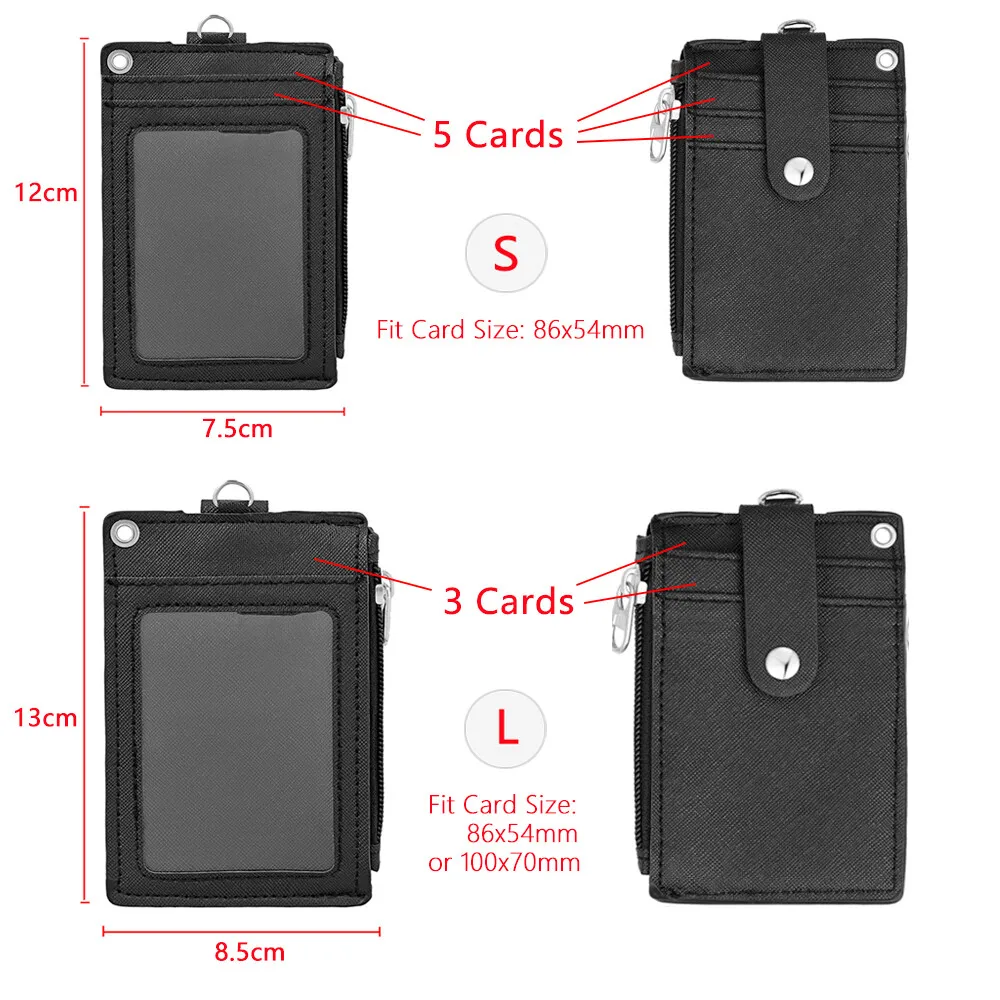 Black Leather ID Card Holder Zipper Pocket Multiple Card Slots Keychain Lanyard Mens Bus Metro Credit Card Wallet