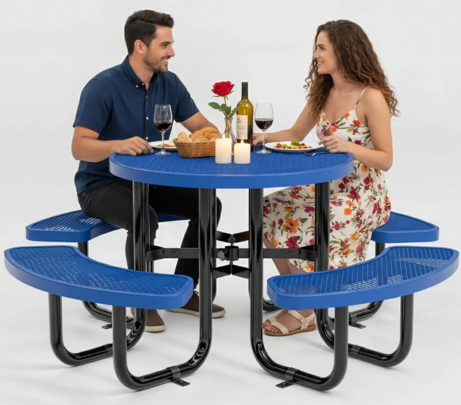 Commercial Metal Picnic Table Round Expanded Steel 38in Blue, Customized