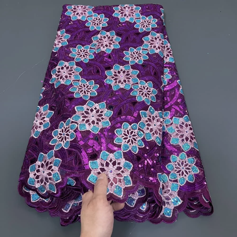 

2025 High Quality African Nigerian With Tulle Sewing Lace Fabric Guipure Embroidery Dresses Sequins Beads Stone 5yards