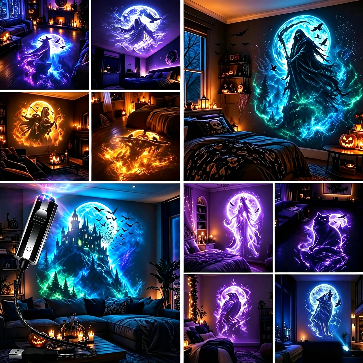 Halloween Portable USB Projection Light Holiday Horror Themed Decor Night Light Suitable for Holiday Parties Bedrooms Kids Gift
