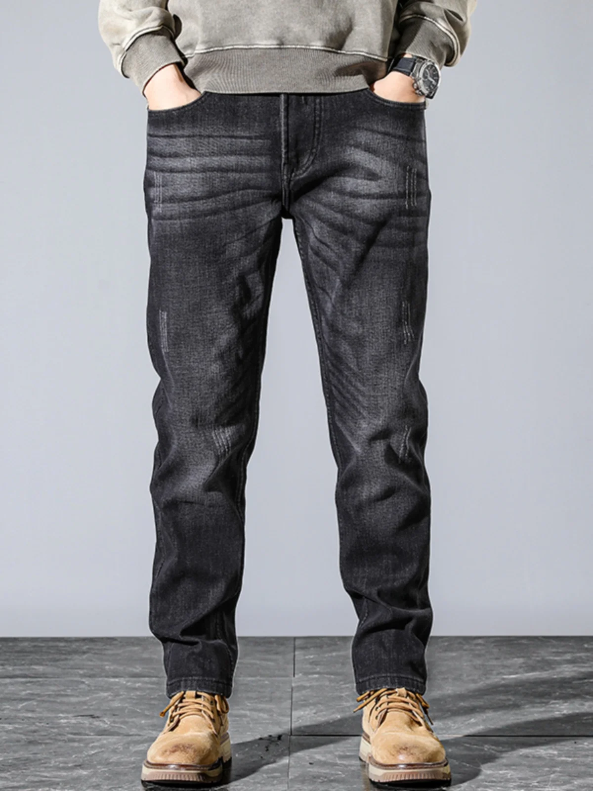 

Retro Premium Men's Jeans Straight Leg Waed American Casual Long Trousers Cotton Stretch Denim mid Waist Zipper Fly