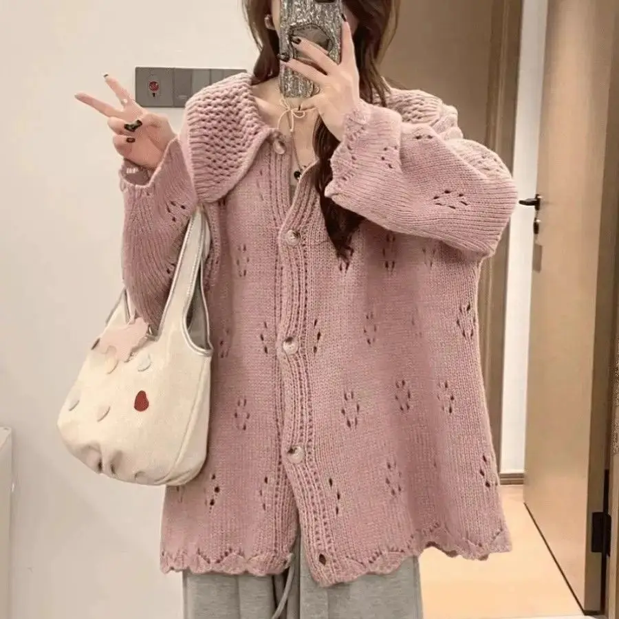 

Lazy Wind Crocheted Hollow Sweet Sweater Buttons Up Cardigan Coat Polo Neck Knit Long Sleeve Sweater Cropped Sweater Fall Winter