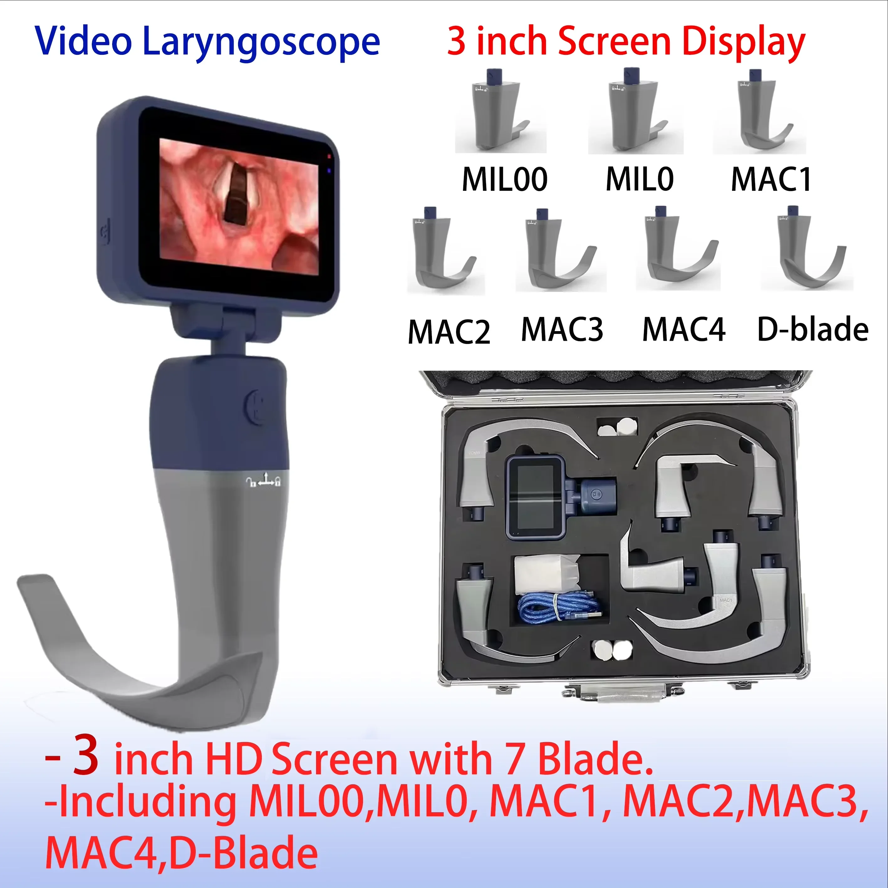 Digital Protable HD Video Laryngoscope with 7 Optional Blade,reusable and disinfectable stainless steel blade