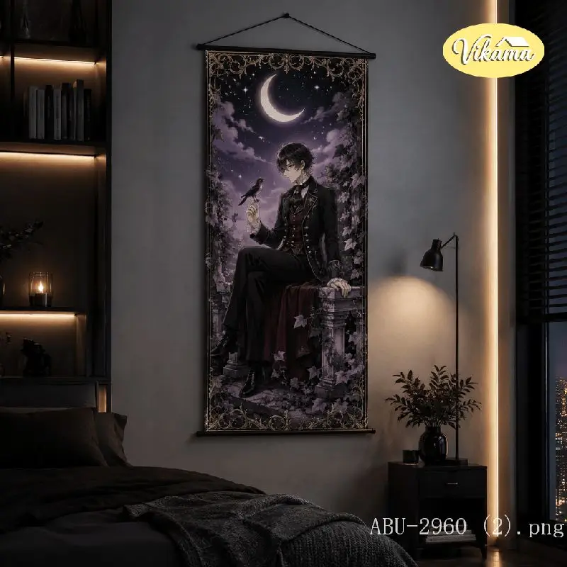 VIKAMA Gothic Anime Boy Raven Tapestry Crescent Moon Purple Night Ivy Victorian Art Wall Hanging for Bedroom Aesthetic Decor