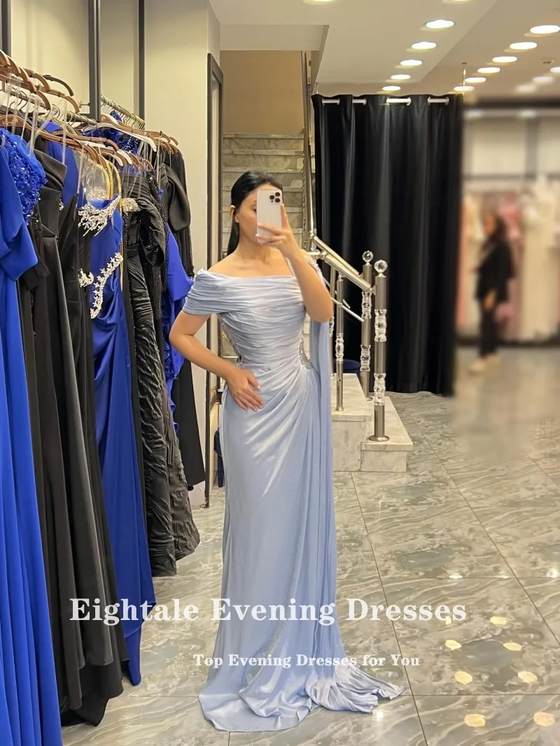 Eightale Avondjurken Strapless Plooien Vloerlengte Aangepaste Crêpe Lichtblauw Kralen Prom Party Jurk vestido de fiesta