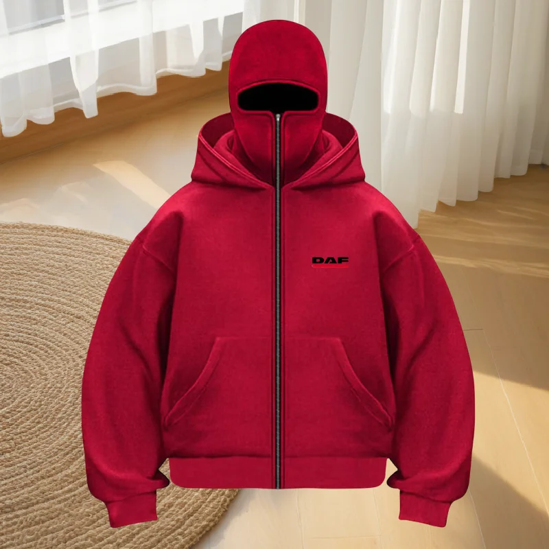 

A large-sized S-3XL double-cap long-sleeved sweatshirt with zipper pocket design for men's street style print in autumn 2025