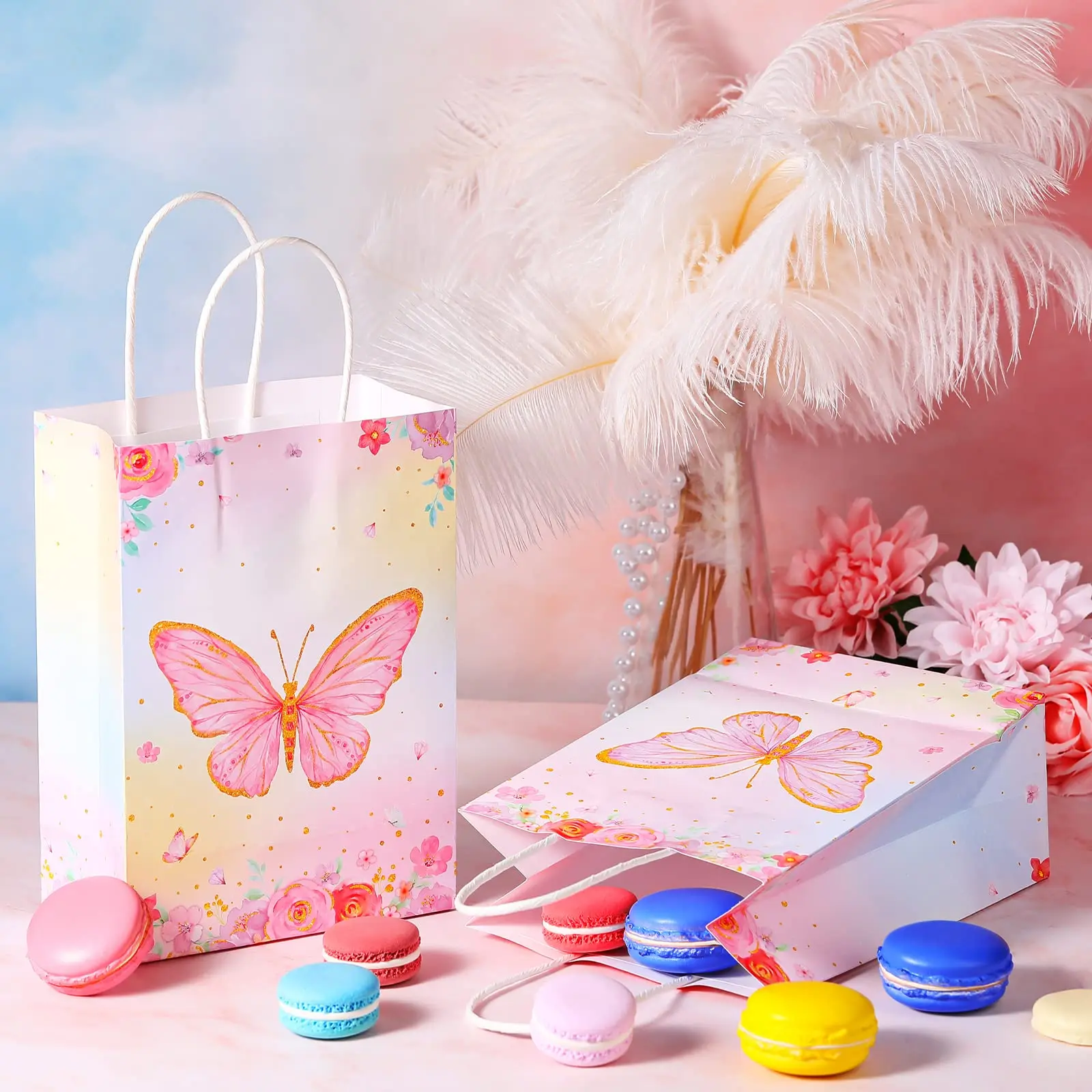 6pcs Butterfly Party Favors Gift Bag Pink Purple Flowers For Girls Butterfly Birthday Party Decoration  Candy Bags with Handles