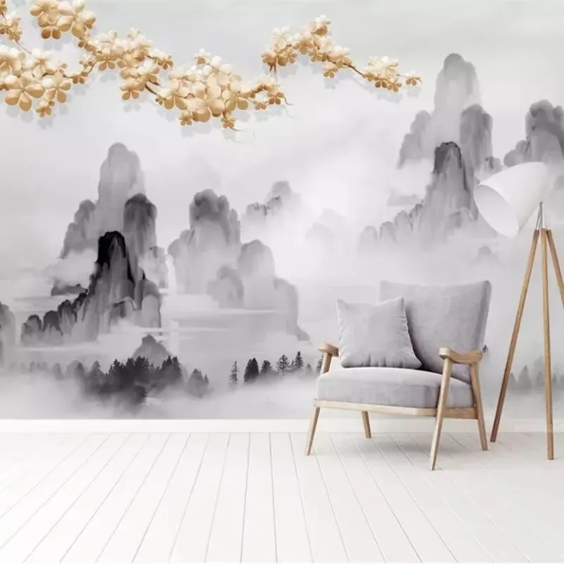 

Custom new Chinese art retro artistic conception abstract gold line ink landscape обои background wall living room wallpaper