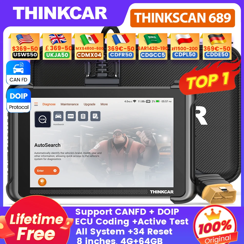 Global Version THINKCAR THINKSCAN 689 OBD2 Scanner Full System Diagnosis CANFD/DOIP ECUCoding Active Test 34 Reset Lifetime Free