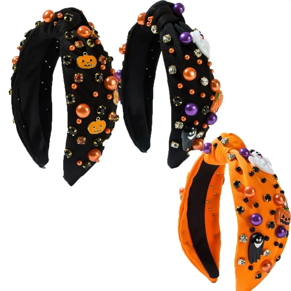 

Ghost Halloween Rhinestone Pearl Hairband Wide Edge Knot Style Halloween Pearl Head Hoop Fashion Luxury Pumpkin Baroque Headband
