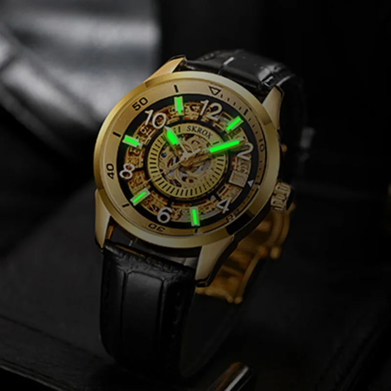 SKROX Original Gold Skeleton Automatic Movement Men\'s Watch Mechanical Waterproof Male Wrist Watches Leather Strap Luxury Clock