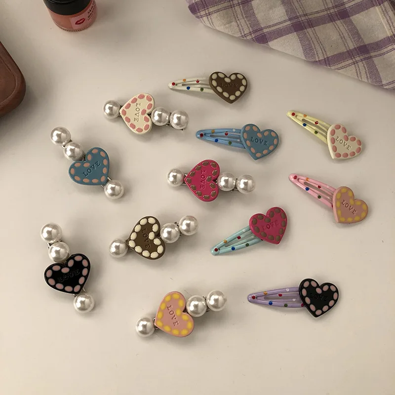 2pcs Cute Sweet Pearl Hair Clips Heart-shaped BB Clips Korean Fashion Broken Hair Side Clips Bangs Hairpins Style Accessories
