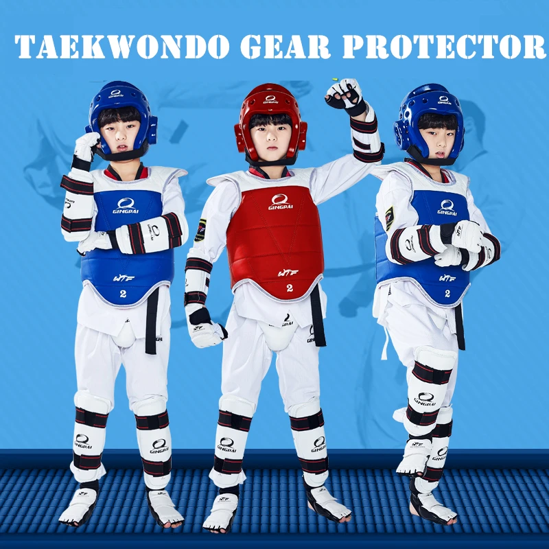 

5 Pcs WTF Approved Taekwondo Protectors Suite Helmet Chest Shin Arm Guards Child Karate Headgear MMA Kick Body Hugo Head Gear