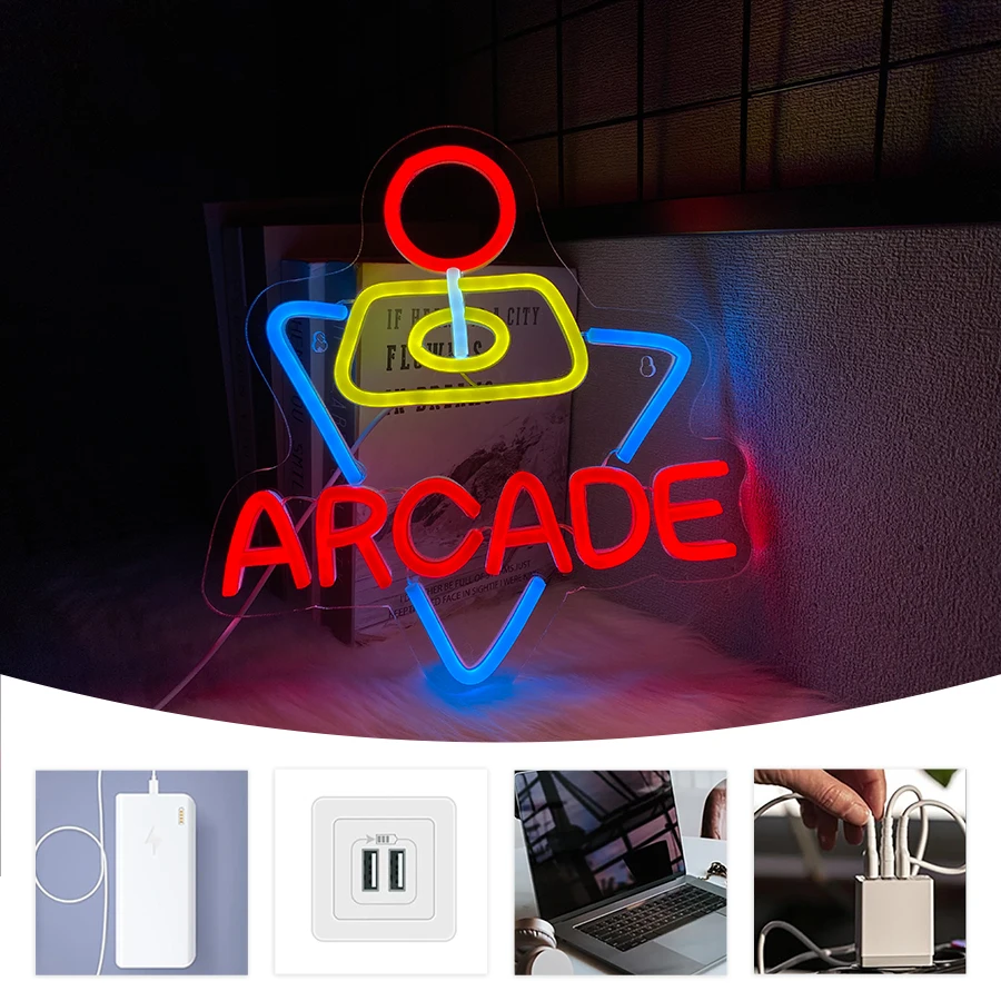 ป้ายไฟนีออนอาร์เคด, ไฟ LED ตัวอักษรคอนโซลไอคอน USB ขับเคลื่อน, ใช้สําหรับห้องโถงเกม, คลับ, ปาร์ตี้บาร์, ห้องนอน, การตกแต่งถ้ํามนุษย์