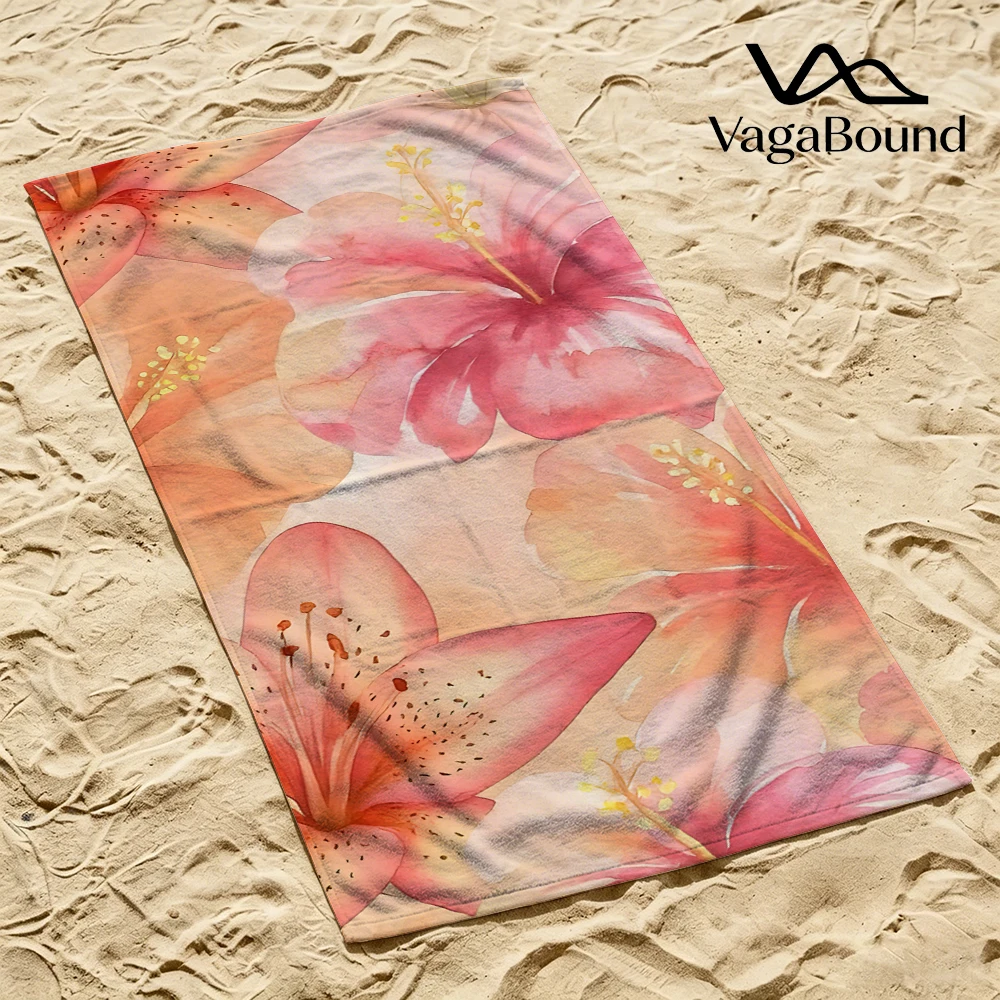 Strandtuch mit Aquarell-Hibiskus- und Lilienmotiv, Cartoon-Motiv, schnell trocknendes Mikrofaser-Badetuch zum Schwimmen, Surfen, Camping, Unisex, Urlaub