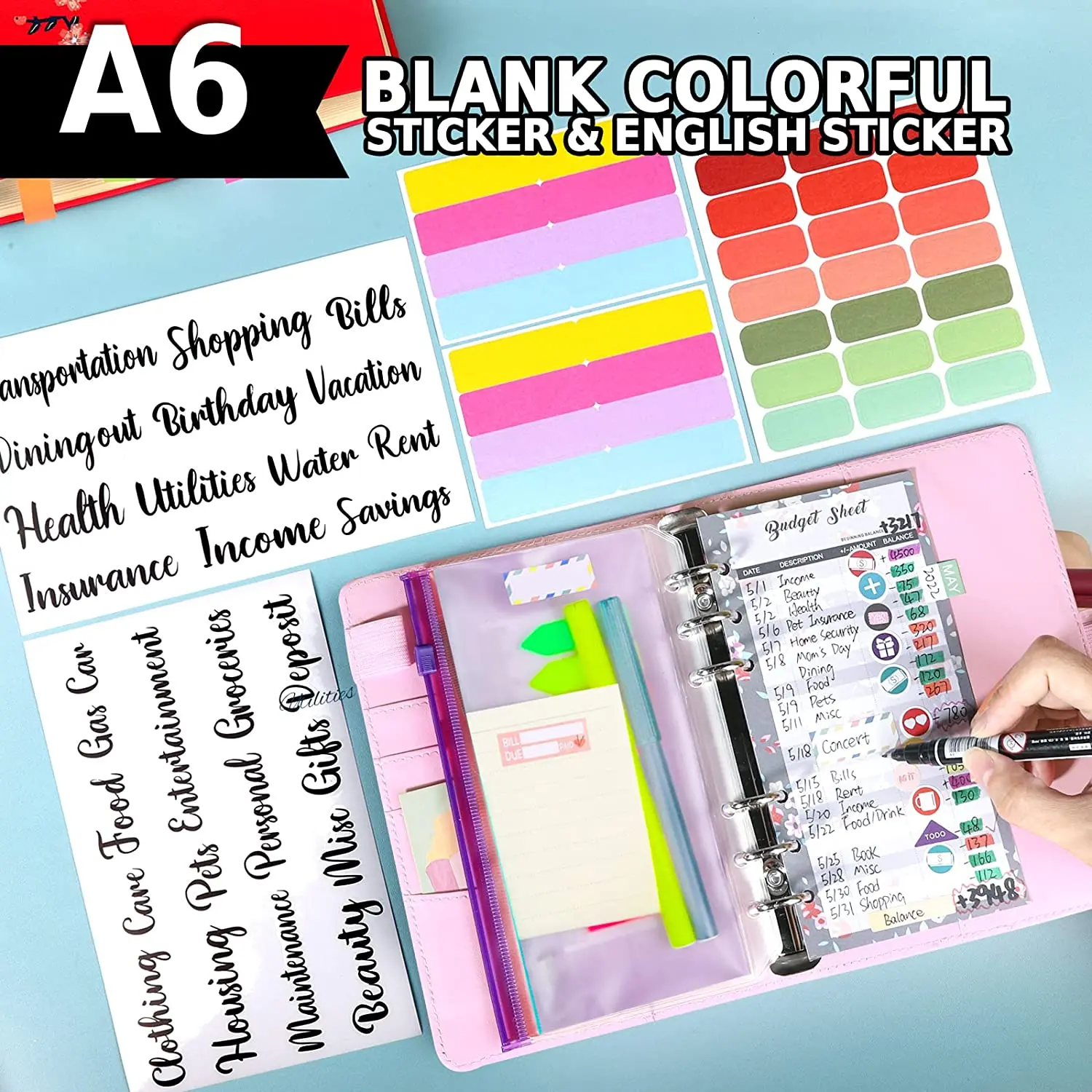 A6 Budget Binder Colorful Zipper Cash Envelopes Money Saving, Budget Sheets,Word Label,Month Tabs,Flag Label for Travel and Work