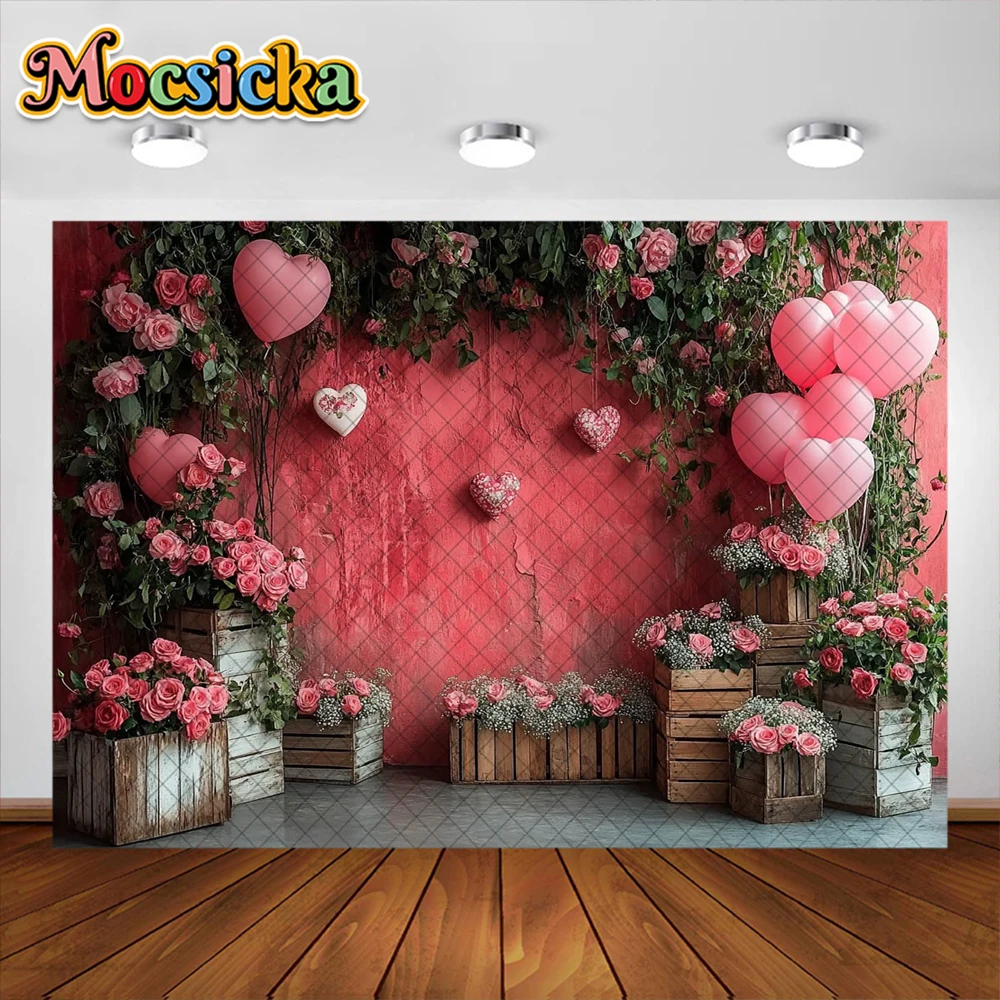 Valentine's Day Photography Background Heart Shaped Balloon Floral Arch Decora Backdrop Couple Baby Shower Portrait Studio Props