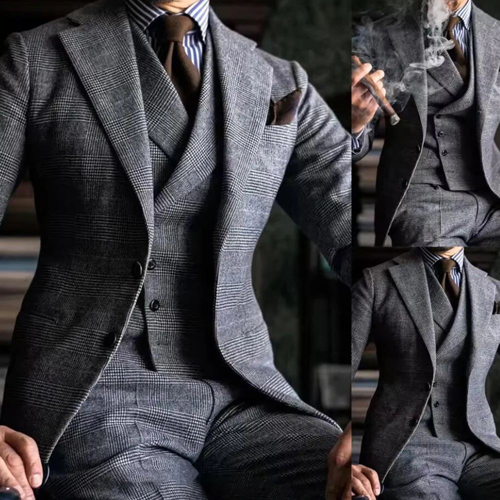 

Мужской костюм в клетку в британском стиле, комплект из трех предметов, однобортный пиджак для жениха, мужские смокинги по индивидуальному заказу, trajes para hombre