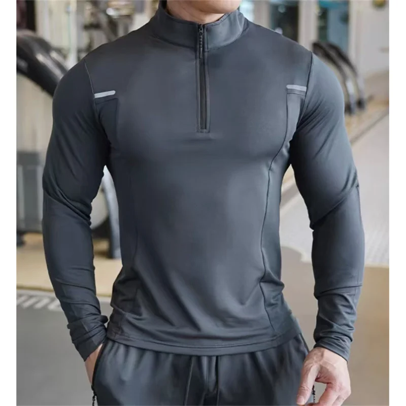 2023 frühling Herbst Männer reine farbe Stehkragen halb-reißverschluss T-Shirt Männer Schnell Trocknend atmungsaktiv Casual sport Langarm tops