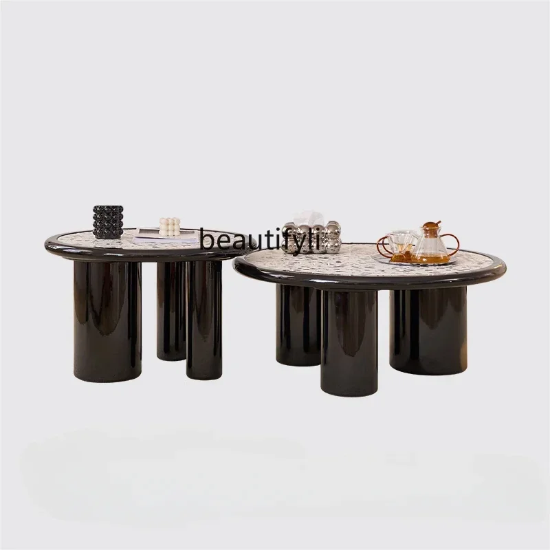 

Round Terrazzo Coffee Table Combination Small Apartment Home Marble Small Tea Table Black Retro