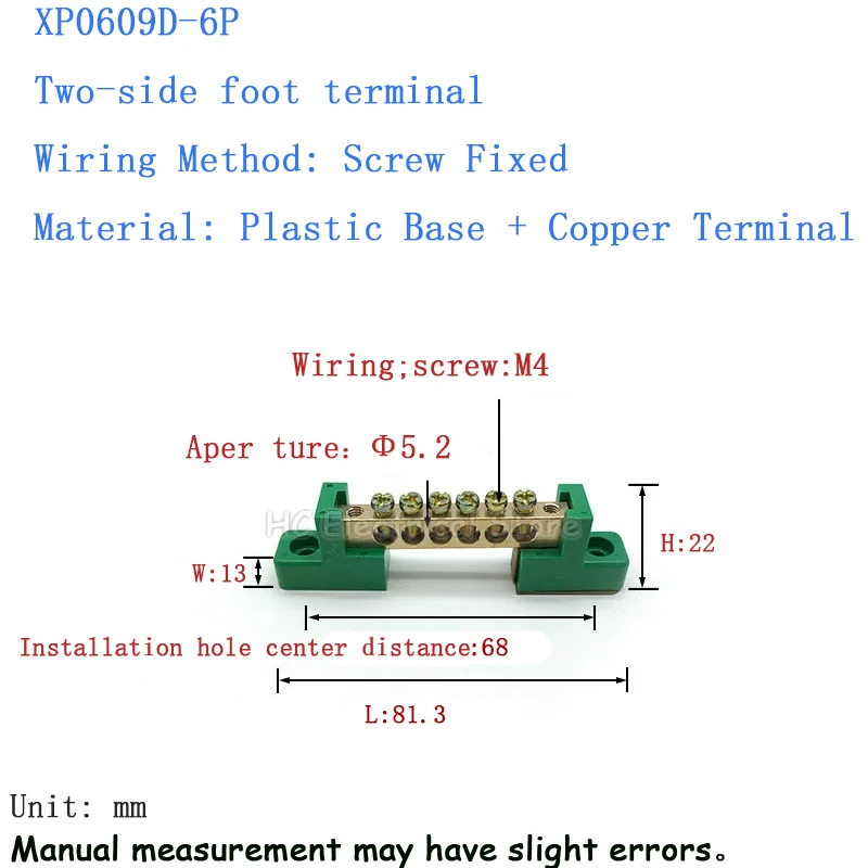 1pcs 6*9  Copper Ground Bar - 4/6/8/10/12 Hole Terminal Block for Distribution Box Zero Ground Wiring Connection