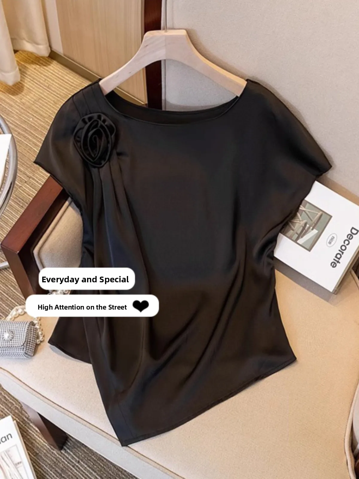 

Elegant Black Acetate Satin Short Sleeve T-Shirt Women's Summer plus Size Flattering Top Korean Style Loose Fit round Neck