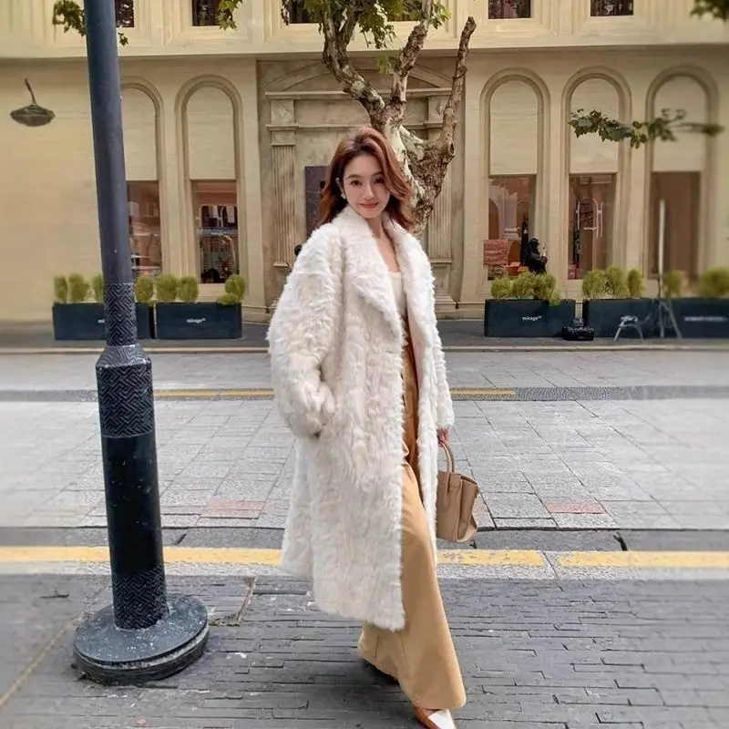 معطف نسائي شتاء 2025 جديد فضفاض بلون معطف فرو خروف فرو متكامل فضفاض دافئ بحيرة صغيرة الأغنام الركبة معطف طويل WLF #3