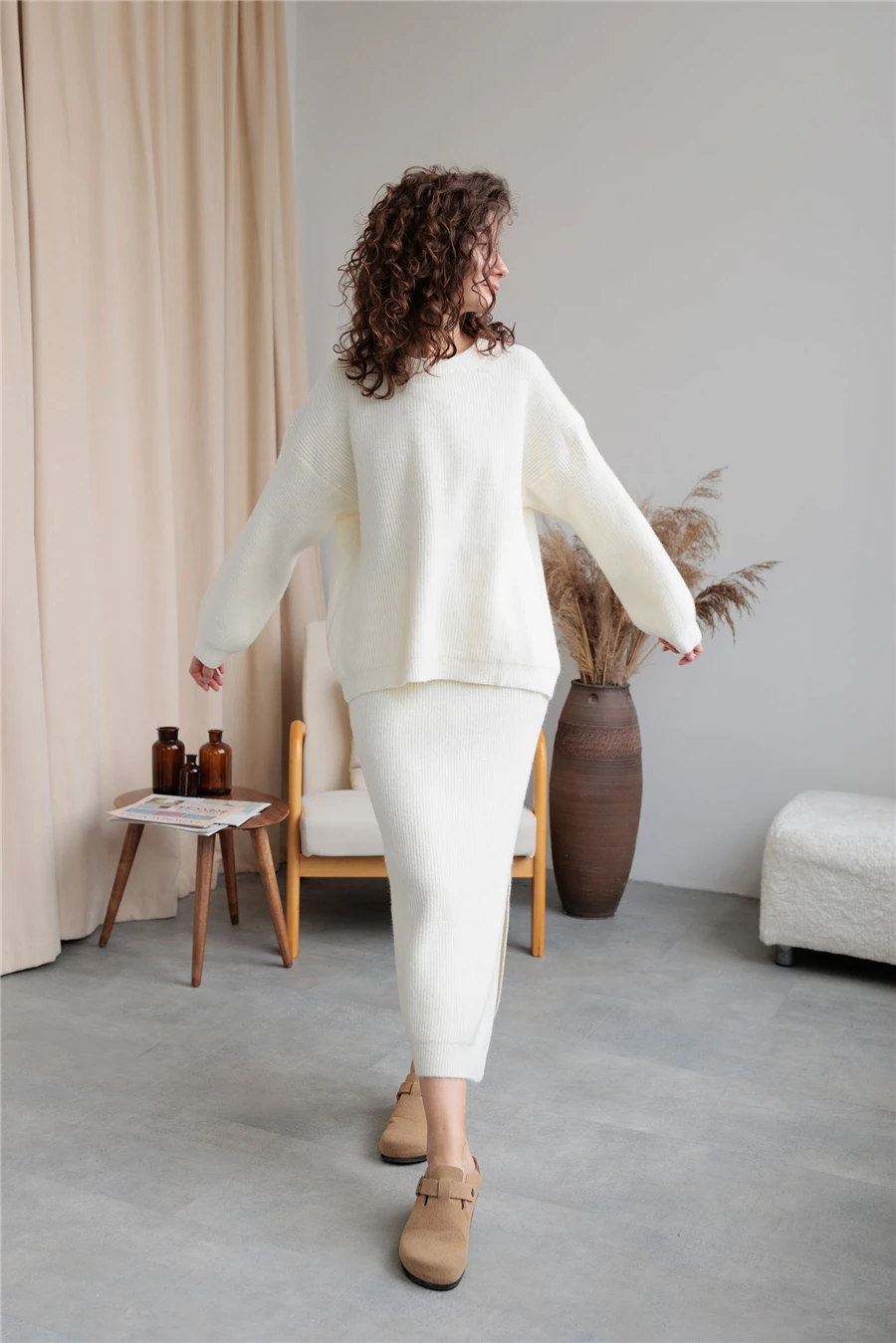 Hirsionsan 2024 Elegant Soft Knitted 2 Piece Set Women Autumn Winter Casual Split Sweater & Skinny Skirt Outfits Solid Tracksuit