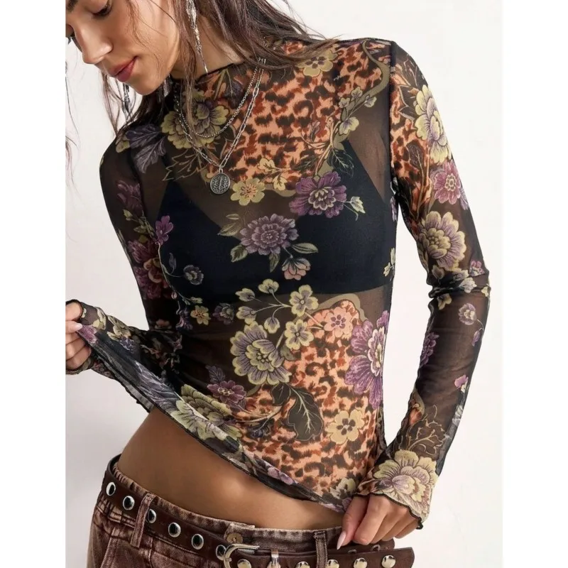 New Retro Floral Print T Shirt Women Figure-hugging Tulle Long-sleeved Top For Girls