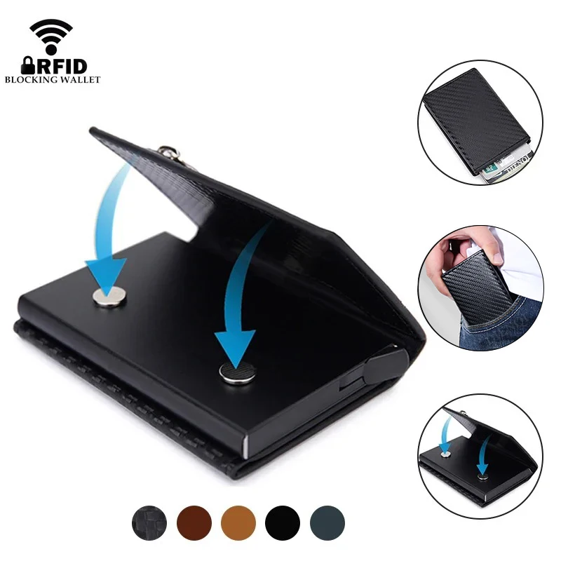 Rfid Carbon Faser Karte Halter Männer Brieftaschen Geld Taschen Dünne Dünne Metall Leder Mini Brieftasche 2022 Männlichen Geldbörse Schwarz Walet für männer Neue