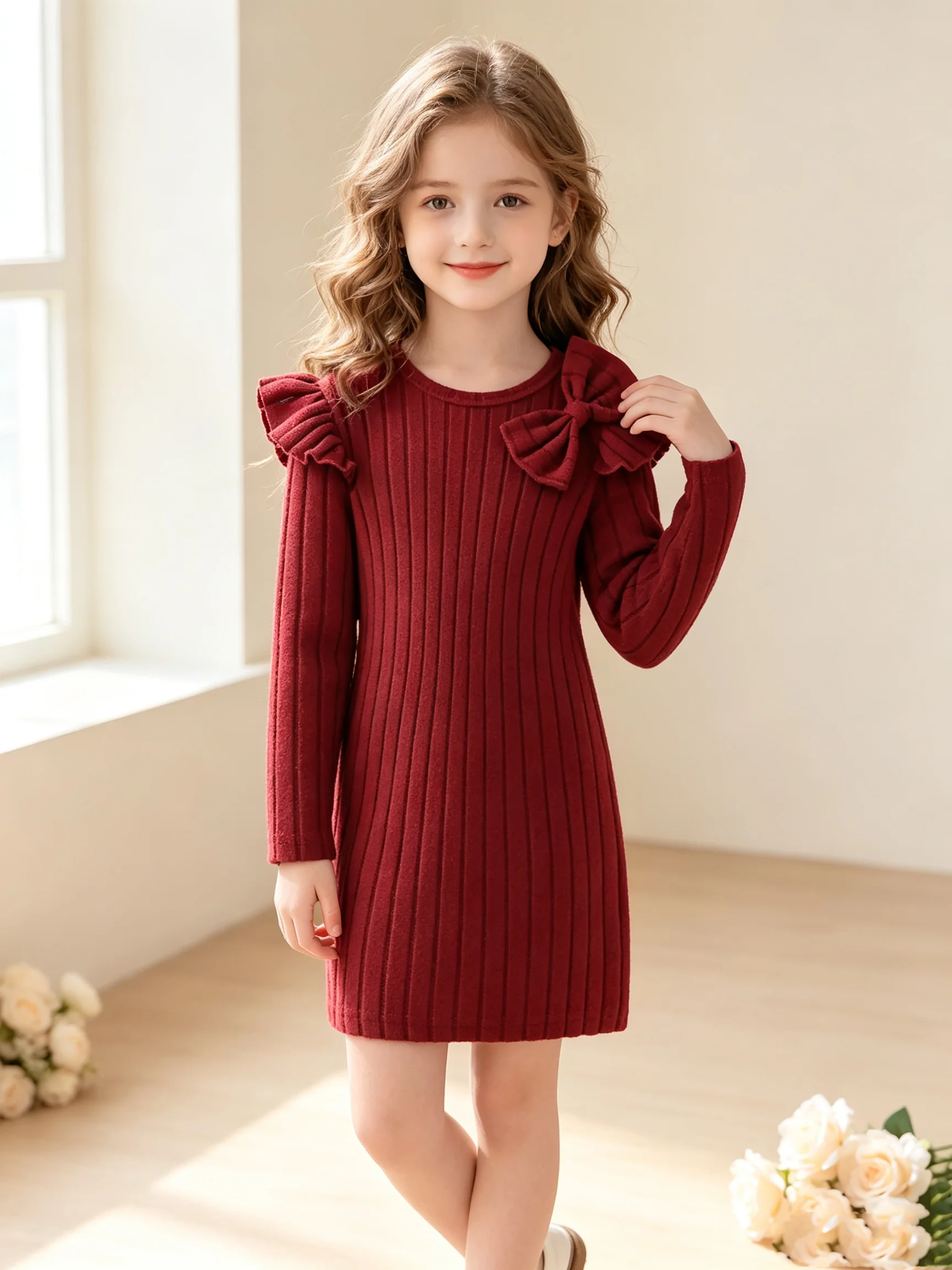 Elegantes Kinder-Freizeitkleid mit Gerippten Lotusblatt-Ärmeln, Rundhalsausschnitt, Schleife an der Taille und Mittellangem Rock – Detail 2