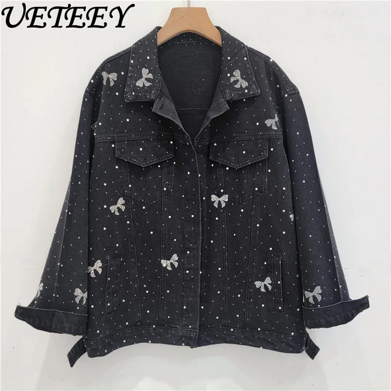 Heavy Industry Bow Single Breasted Denim Jacket Women's Spring Autumn New Loose Casual Streetwear Tide Long Sleeve Jeans Coating