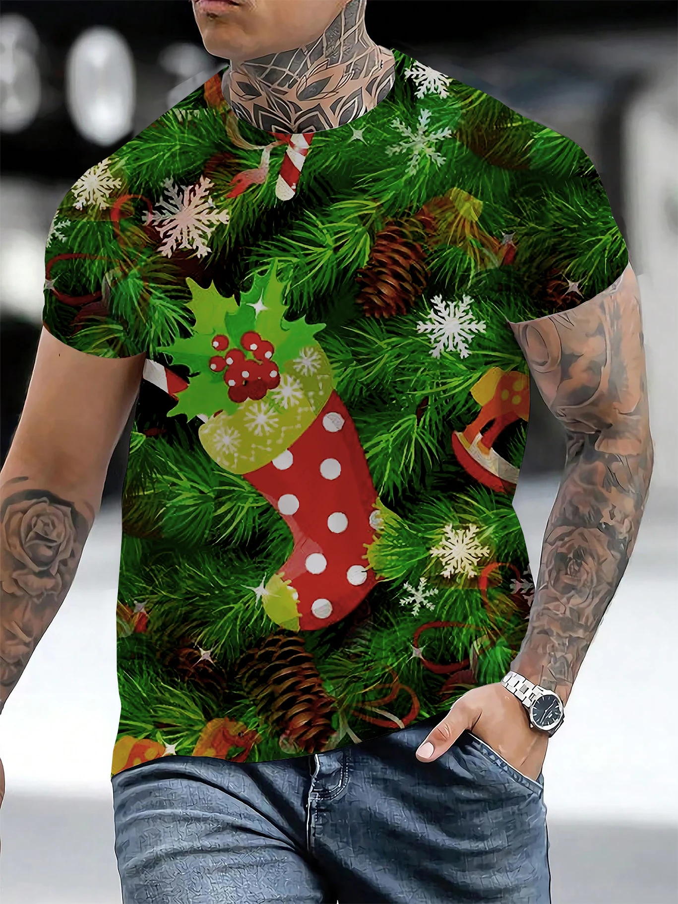 Men's Christmas plus size 3D printed T-shirt with fashionable short sleeves for spring and summer tops men's clothing