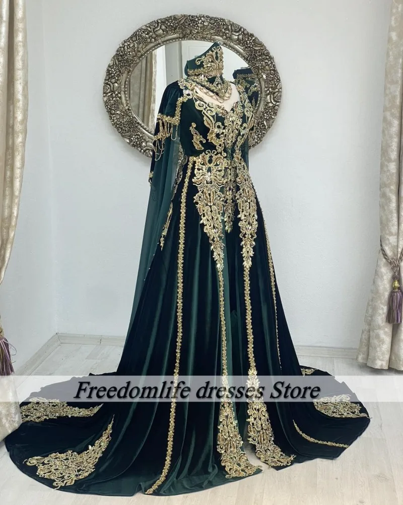 Green Moroccan Kaftan A Line Evening Dresses Woman Elegant Velvet Lace Applique Customized Wedding Party Gowns vestido de gala