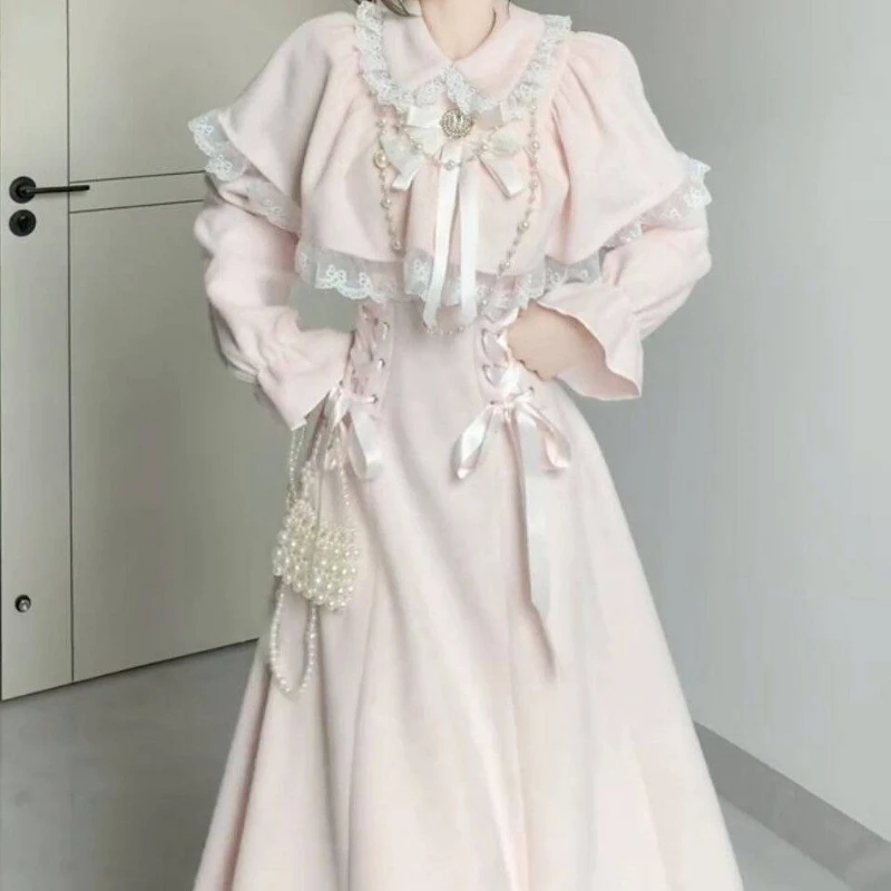 Japanese Fake Two Pieces Cloak Vestidos Y2k Aesthetic Lace Patchwork Fairy Dress Harajuku Grunge Women A-Line Bandage Dresses