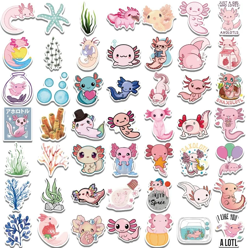 50/100PCS Axolotl Waterproof Sticker Party Favors Supplies Cartoon Kawaii Animals DIY Laptop Water Bottle Skateboard Luggage