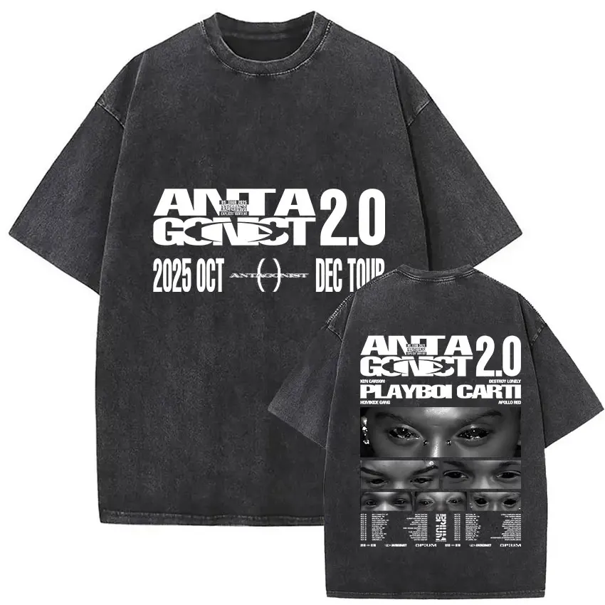 تي شيرت عتيق مغسول Playboi Carti Antagonist 2.0 Tour 2025 تي شيرت للرجال والنساء موضة الهيب هوب البوب تي شيرت كبير الحجم المشجعين ملابس الشارع #4