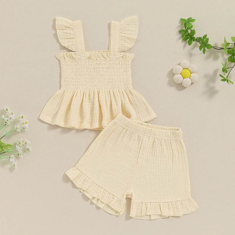 6M-3Y Little Girls Ruffles Shorts Set Flutter Sleeve Smocked Silhouette Camisole Tops Elastic Waistband Shorts Outfits