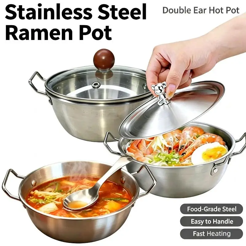 Thickened Stainless Steel Noodle Bowl Cute Bear Lid Double Heatproof Handles Large Capacity For Dorm Kitchen Daily Use