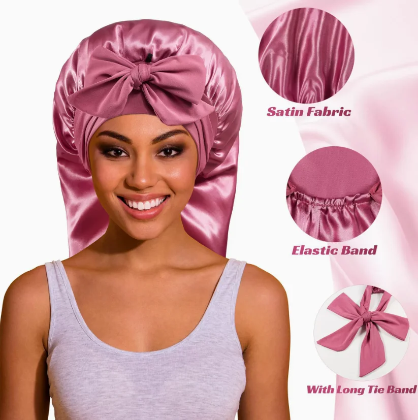 High-density satin faux silk sleeping cap for women, wearable during bedtime and matchable with headbands. Roomy oversized desig