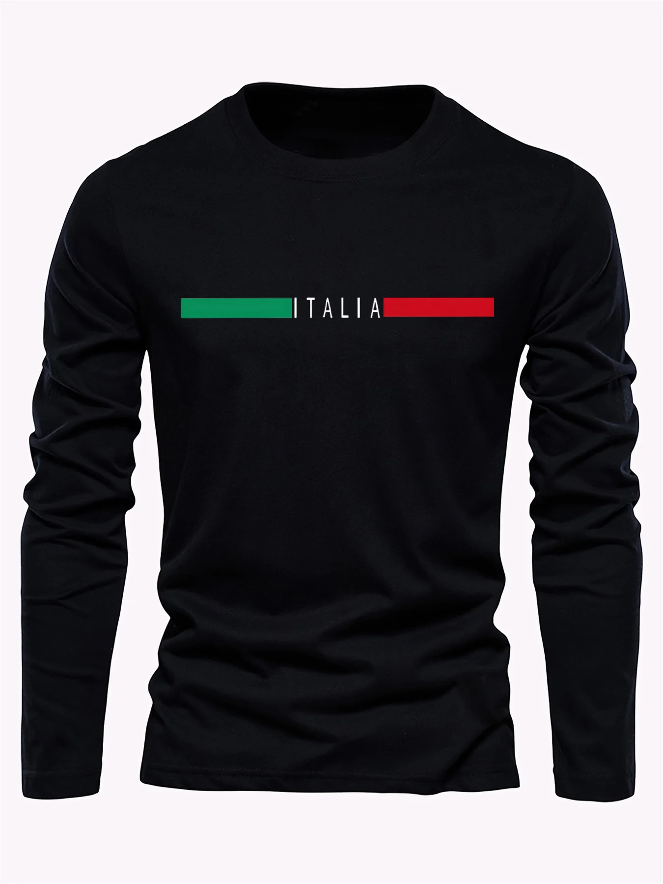 Men's 100% pure cotton comfortable casual loose oversized Italian style printed sports round neck long sleeved T-shirt top
