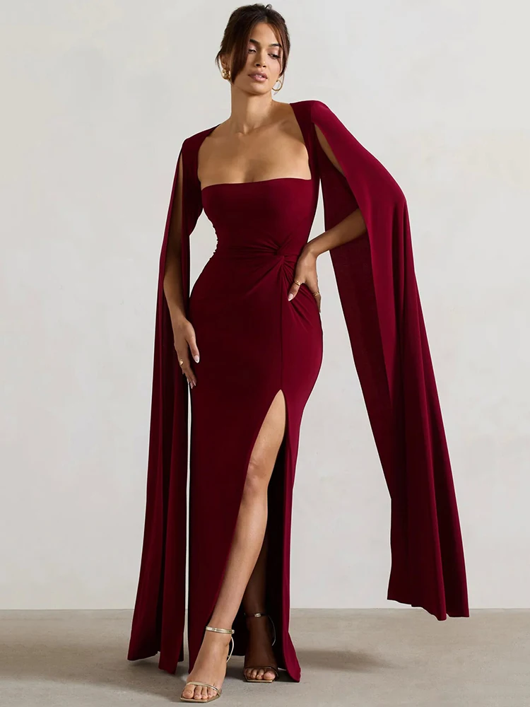 Mozision Long Cape Sleeve Split Maxi Dress For Women Gown Fashion Solid Square Collar Evening Sexy Long Dress Elegant New