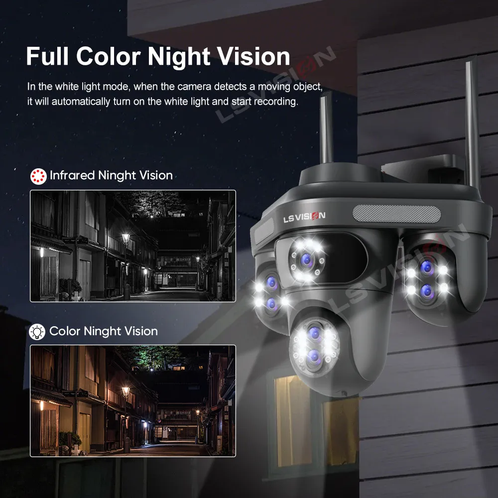LS VISION 35MP 10X Zoom WiFi IP Camera 4 Screens 7 Lens Outdoor Wireless PTZ Security Cam Auto Tracking CCTV Surveillance Camera