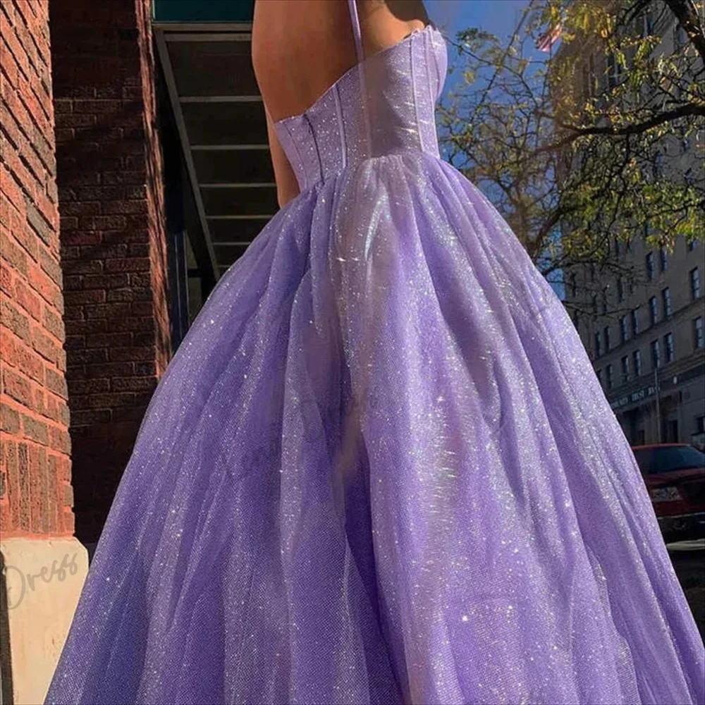 Lena - Lavender colored evening dress with thin shoulder straps and sparkling sequins, charming ball dress A-shaped sparkling