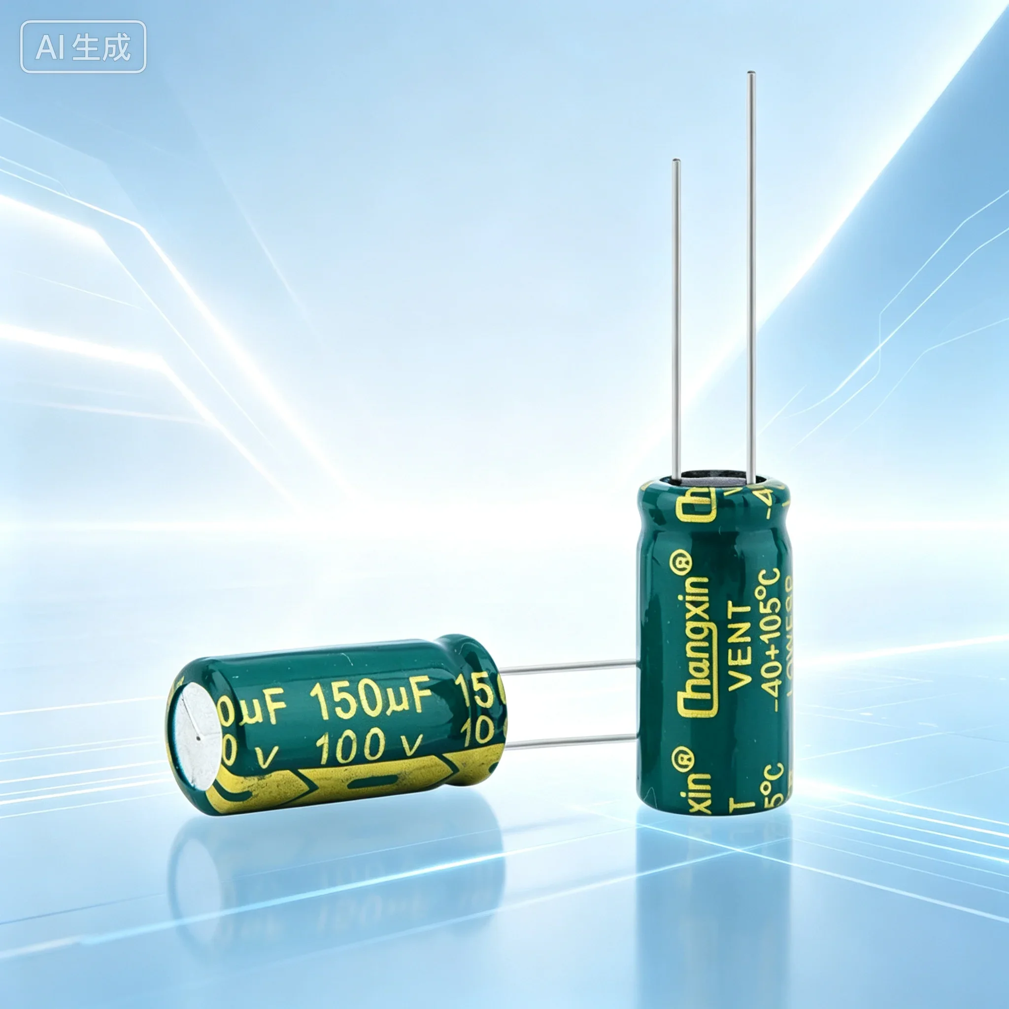 capacitor-electrolitico-fiable-de-150-µf-y-100-v-con-baja-resistencia-en-serie-esr-color-verde-y-dorado-para-una-larga-vida-util-dimensiones-10-x-20-mm