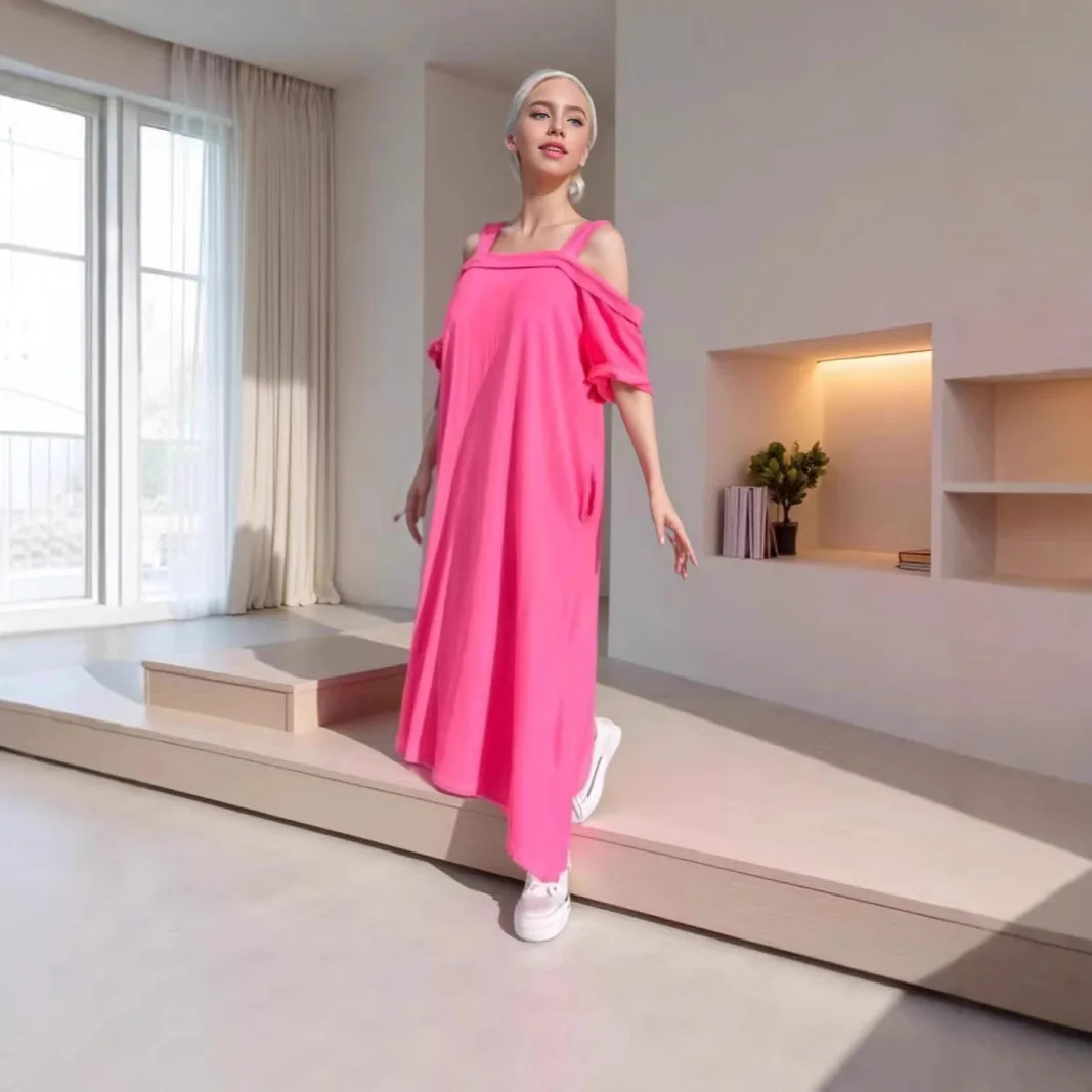 

Dress 2025 Sexy Hollow Off-Shoulder Sling Long Dress Women U-neck Solid Color Loose Bohemian Festival Dress Vest Printless Dress