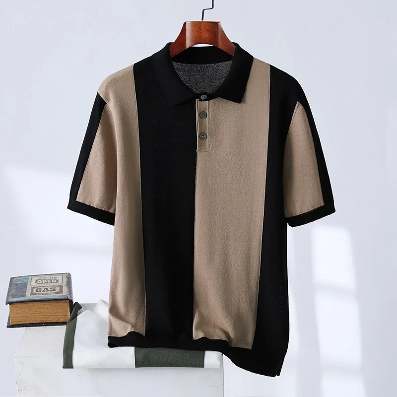 عالية الجودة اللون منعت مخطط الحياكة الرجال قمصان بولو الصيف رقيقة الحرير الجليد تنفس التلبيب تي شيرت الأعمال عادية تيز #1